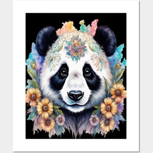 Fantasy, Watercolor, Panda Bear With Flowers and Butterflies Posters and Art